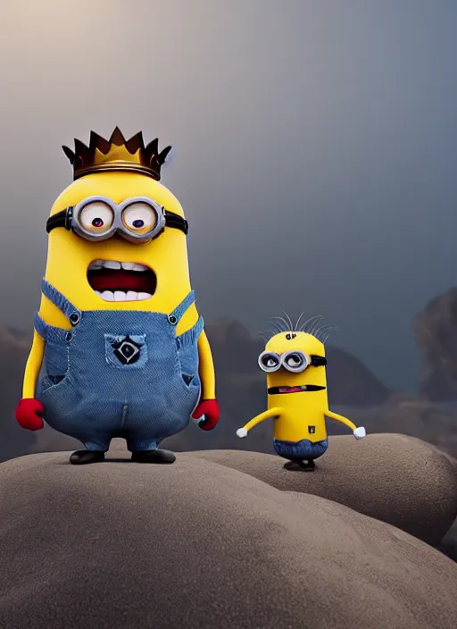 Image similar to king minion bob standing on a rock win posing in pixar style, smooth render, unreal engine 5, high - quality