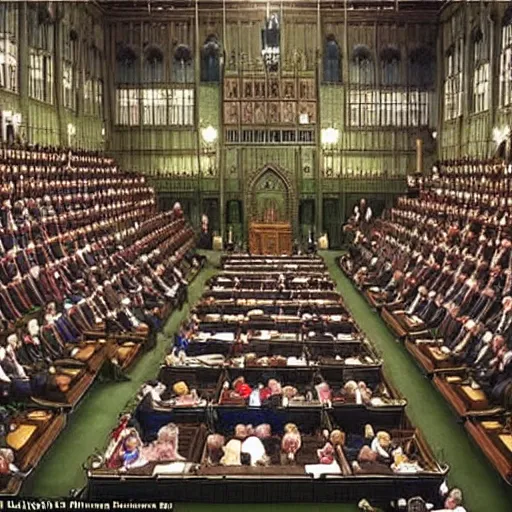 Prompt: a realistic painting of the british house of commons filled with chimpanzees arguing