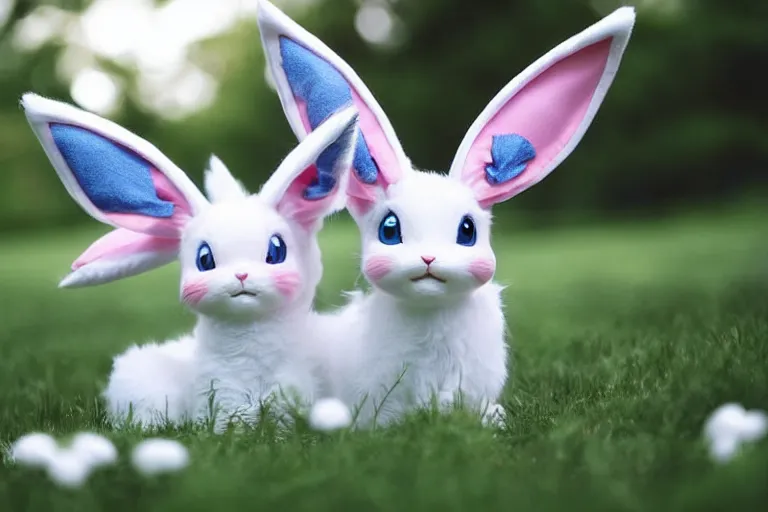 Image similar to real life sylveon pokemon, cute!!!, heroic!!!, adorable!!!, playful!!!, fluffly!!!, happy!!!, cheeky!!!, mischievous!!!, ultra realistic!!!, spring time, slight overcast weather, golden hour, sharp focus