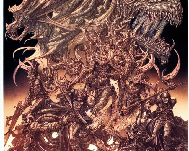 Image similar to hyper detailed illustration of an army of demons, intricate linework, lighting poster by moebius, ayami kojima, 90's anime, retro fantasy