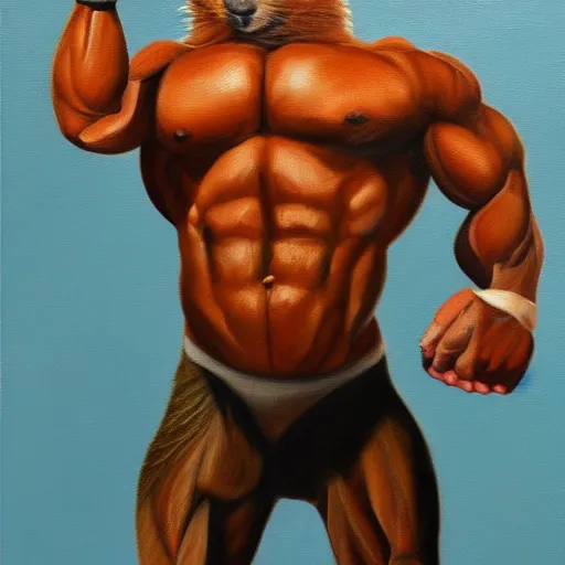 Image similar to oil painting of a muscular!!!! squirrel with bulging!! human!! biceps!!!!, 8 k, high quality