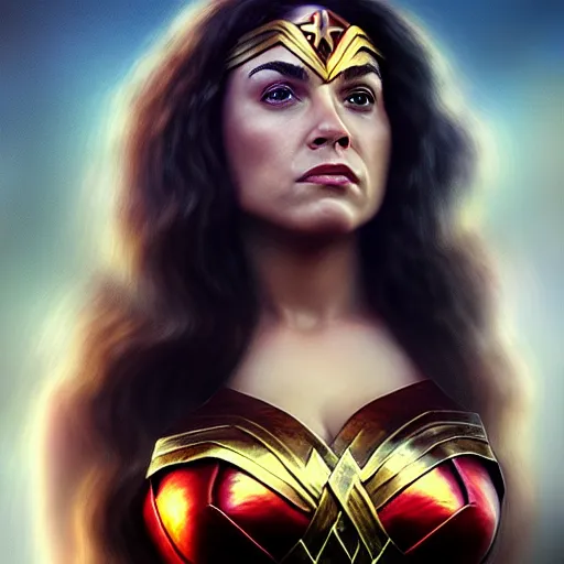 Prompt: danny devito as wonder woman, digital painting, extremely detailed, 4 k, intricate, brush strokes, mark arian, artgerm, bastien lecouffe - deharme