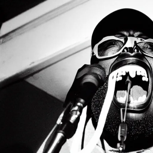 Image similar to rapper emcee mf doom screaming on the mic because the microphone is not working.