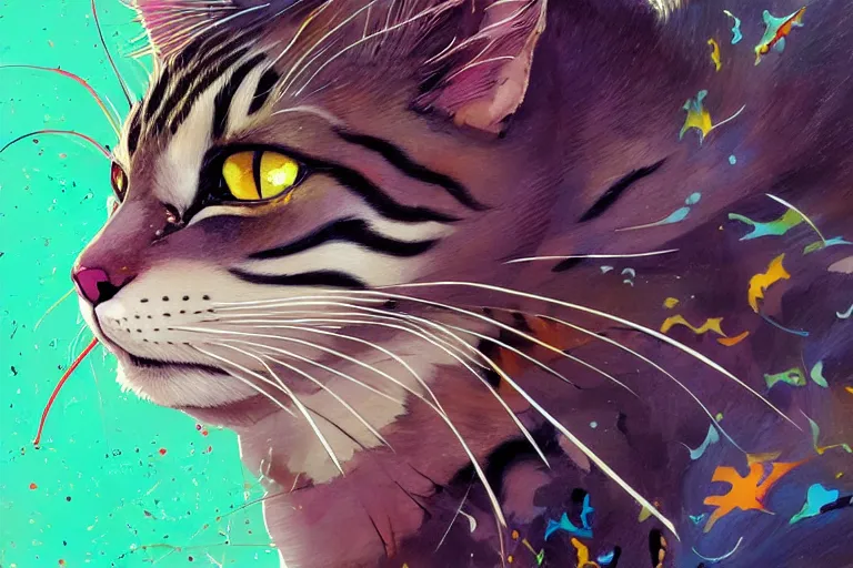 Prompt: maximalist realistic cat, trending on pixiv fanbox, painted by makoto shinkai takashi takeuchi studio ghibli, akihiko yoshida, yoshitaka amano, wangechi mutu, clean cel shaded vector art. shutterstock. behance hd by lois van baarle, artgerm, helen huang, rossdraws, illustration