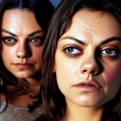 Image similar to Selfie photograph of Mila Kunis and Mila Kunis, golden hour, 8k, photographed by Erwin Olaf