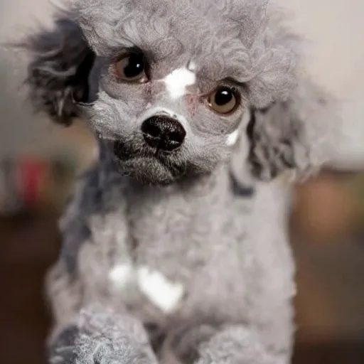 Prompt: a cute frail grey hairless toy poodle with one white eye eats nuggets