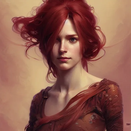Image similar to A full portrait of Nordic female, 30 years old, brown red long hair, intricate, elegant, highly detailed, digital painting, artstation, concept art, smooth, sharp focus, illustration, art by Krenz Cushart and Artem Demura and alphonse mucha