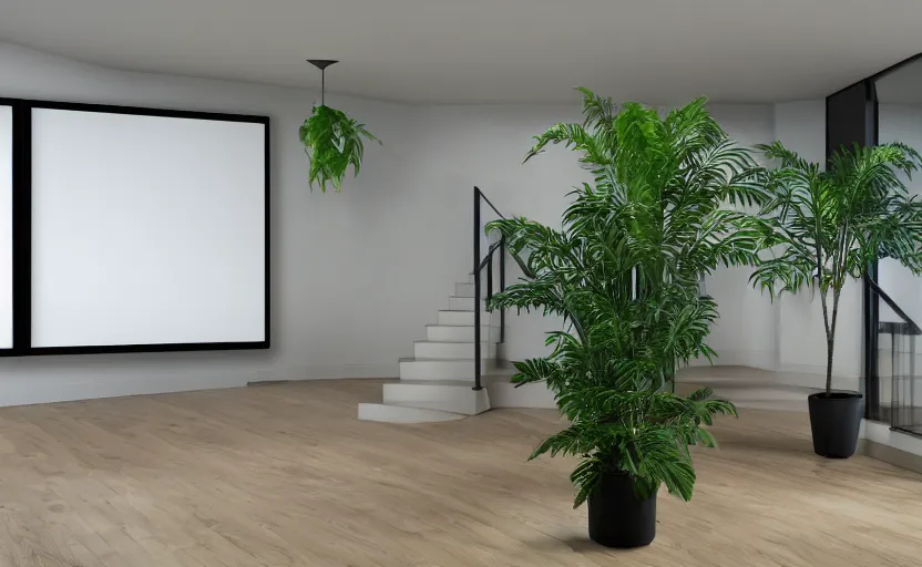 Image similar to empty room, a staircase, big widescren tv screen in the middle, indoor plants, open shiny floor, v - ray render, high contras