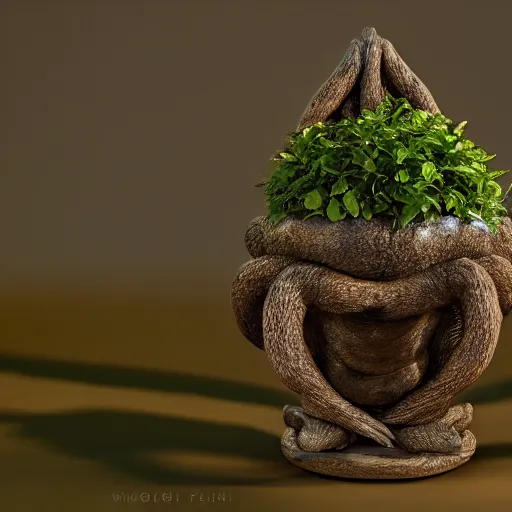 Image similar to medium shot mandrake root in a pot, wide leaves on a head, intricate hyper detailed ultra sharp sharp focus, global illumination, radiant light, alexandre ferra, irakli nadar, octane render, unreal engine, 4 k, ultra hd,