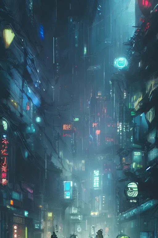 Prompt: rainy tokyo streets at night in the year 2049, cyberpunk concept art by pete mohrbacher and seb mckinnon and beksinski and josan gonzales, digital art, highly detailed, intricate, sci-fi, sharp focus, Trending on Artstation HQ, deviantart, unreal engine 5, 4K UHD image