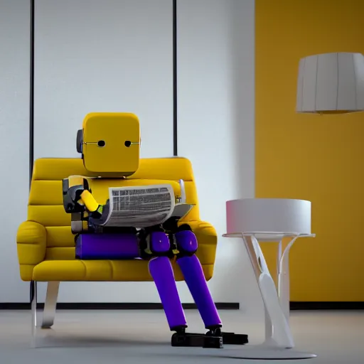 Image similar to futuristic studious matte yellow and red and chrome full-body humanoid robot with two huge round expressive sad purple glowing LED eyes and open rectangular mouth sitting on a large comfortable cushioned 1950s vintage recliner reading a newspaper. open newspaper. Cinematic Movie Photograph, Arri Alexa, Extremely Detailed, smooth, very very clean, 8K, octane render, maya render, unreal engine, trending on artstation, DSLR, excellent composition, center frame