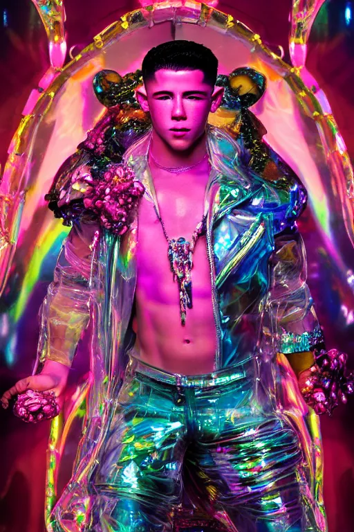 Prompt: hyper detailed ultra sharp fullbody photo of baroque and cyberpunk transparent pink gem sculpture of a muscular seductive young nick jonas feeling muy cachondo, muy dotado, iridescent humanoid deity wearing pink plastic seethrough cloak, holding a rainbow tiger gem, blue diamond, glowing pink face, crown of white diamonds, cinematic lighting, photorealistic, octane render 8 k