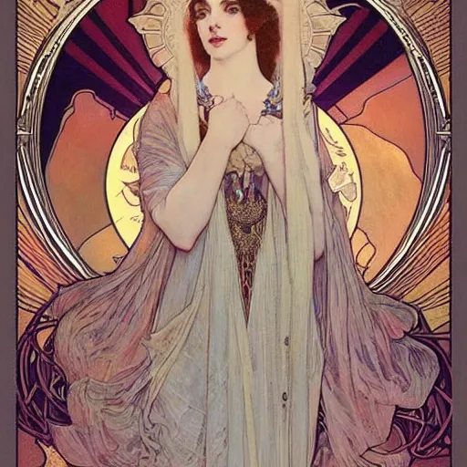 Image similar to ann hathaway portrait by louis - theophile hingre and alphonse mucha, realistic, sharp focus, zodiac signs, tarot cards, planets, ethereal, art nouveau, magic, moon, sun, crown, dreamy, royal, jewellery