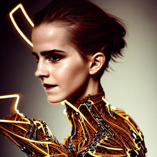 Prompt: beatifull closeup of face shoulders of biomechanical emma watson sculpture, fractal, intricate, elegant, highly detailed, ornate, elegant, luxury, beautifully lit, ray trace grinning vogue fashion shoot by peter lindbergh fashion poses detailed, saturated tokyo neon lighting, blade runner, golden hour, professional photograph by nick knight & show studio styling