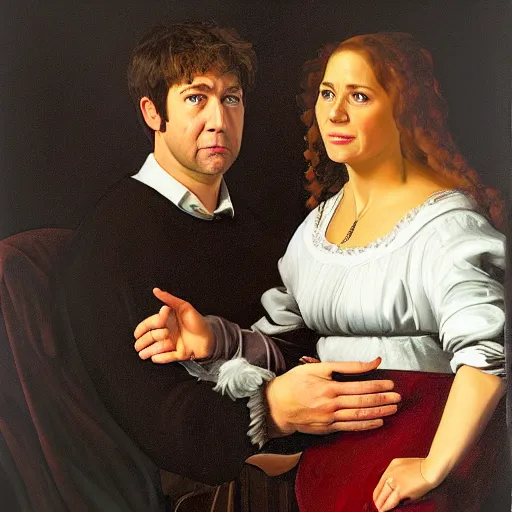 Image similar to portrait painting of jim halpert and pam beesly, in the style of caravaggio