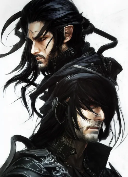 Image similar to Half body portrait of a handsome elven warrior with long black hair and facial hair wearing a black jacket. In style of Yoji Shinkawa and Hyung-tae Kim, trending on ArtStation, dark fantasy, great composition, concept art, highly detailed.