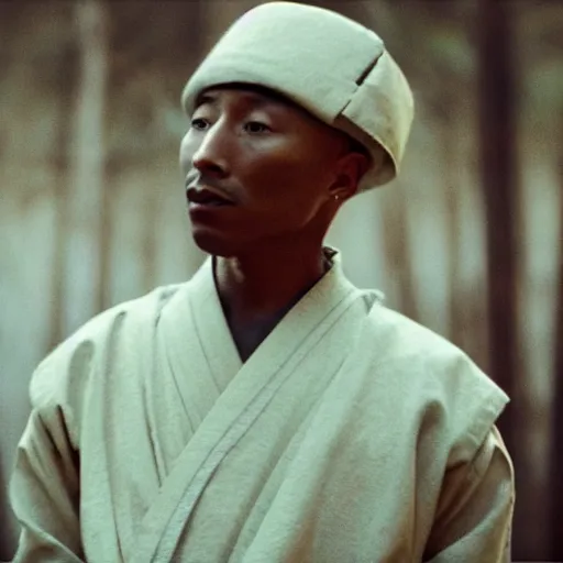 Prompt: cinematic film still Pharrell Williams starring as a Samurai that is on fire, Japanese CGI, VFX, 2003, 40mm lens, shallow depth of field,film photography