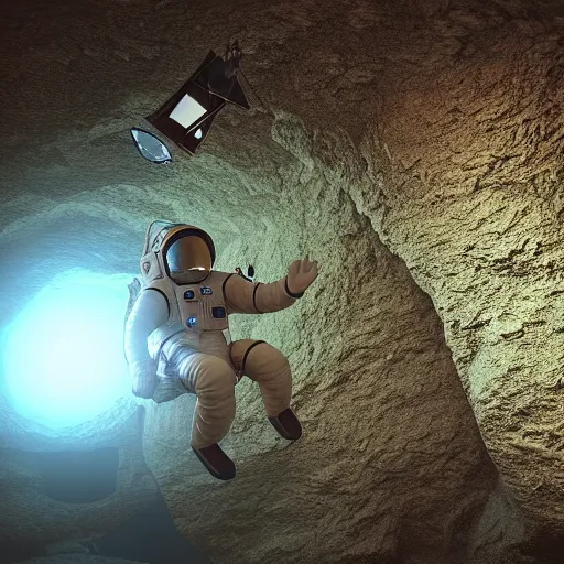 Prompt: A photorealistic 3D render of an astronaut floating in a cave, by stuz0r, trending on instagram, trending on artstation, volumetric lighting, Photoreal Octane Render, PBR Texturing, physical based render,
