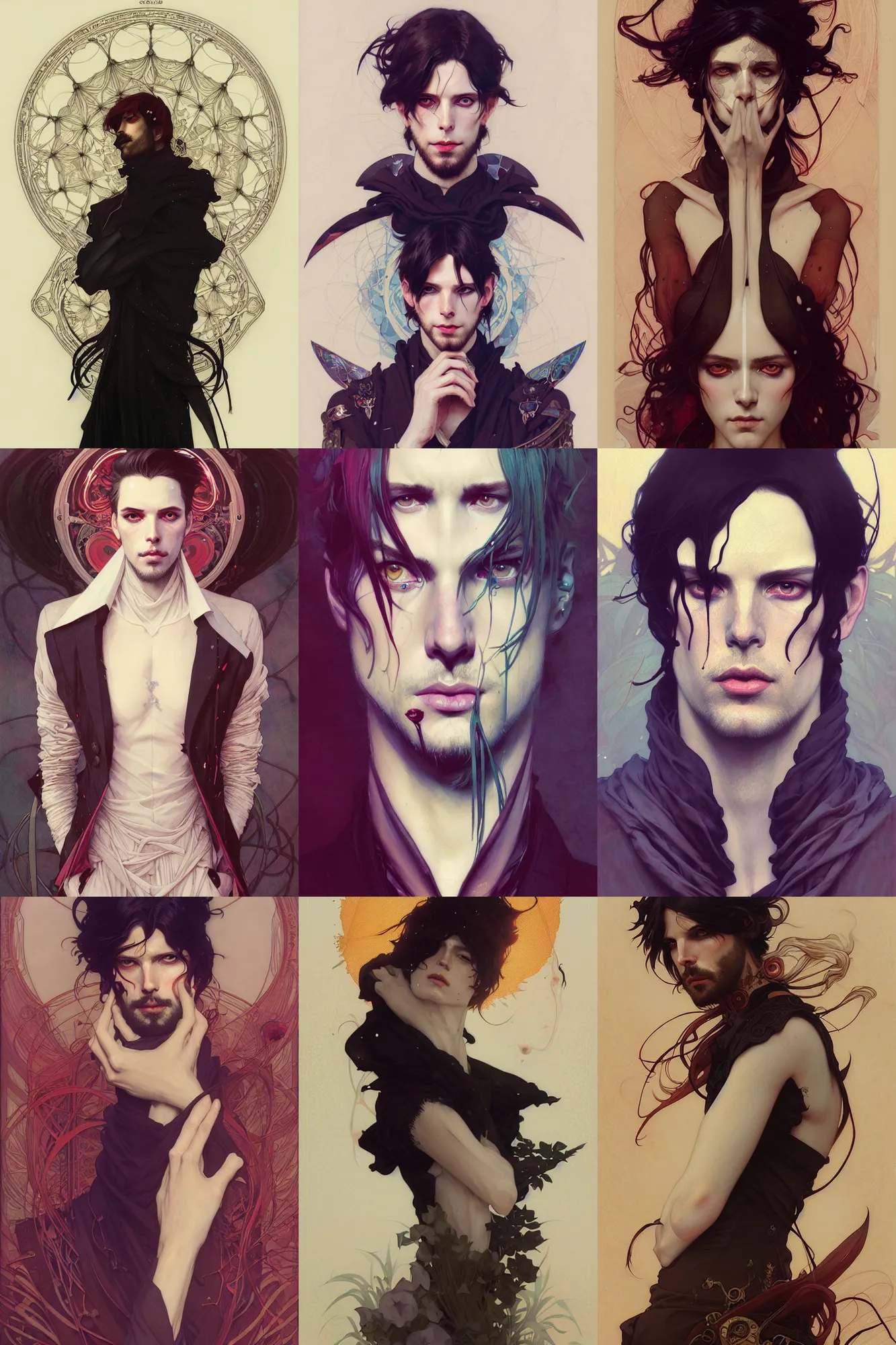 Prompt: conrad roset, sargent, tom bagshaw, mucha, highly detailed portrait of sebastian michaelis, art nouveau, stephen bliss, unreal engine, by greg rutkowski, loish, ferdinand knab, ilya kuvshinov, rossdraws, global illumination, radiant light, detailed and intricate environment