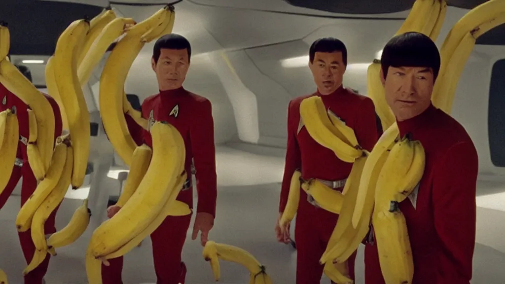 Prompt: giant monsters made of bananas, killing crew wearing red on star trek, film still from the movie directed by Denis Villeneuve with art direction by Salvador Dalí, wide lens