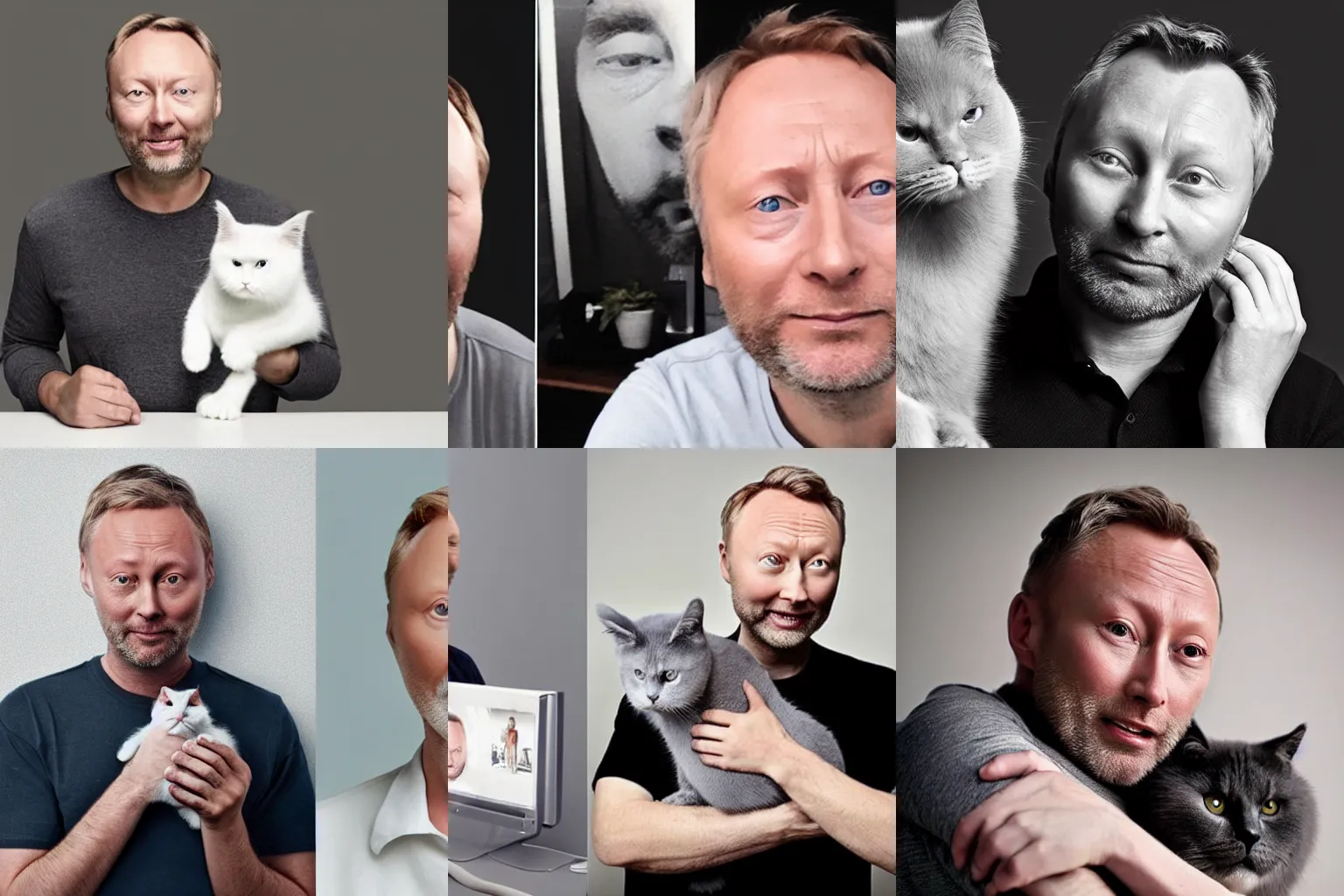 Prompt: one man one face, a handsome white man with dark grey hair that looks exactly like limmy and lars mikkelsen wearing a grey tshirt cradling a white fluffy cat in his arms, a handsome white man with dark grey hair that looks exactly like limmy and lars mikkelsen beside a desktop pc in a dark grey room with house plants
