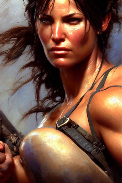 Prompt: muscular sweat lara croft, exhausted face close up, highly detailed painting by gaston bussiere, craig mullins, j. c. leyendecker 8 k