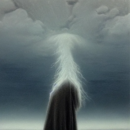 Image similar to killua zoldyck made by zdzisław beksinski, thunderstorm, 8 k, detailed, cinematic, rain, crying, black