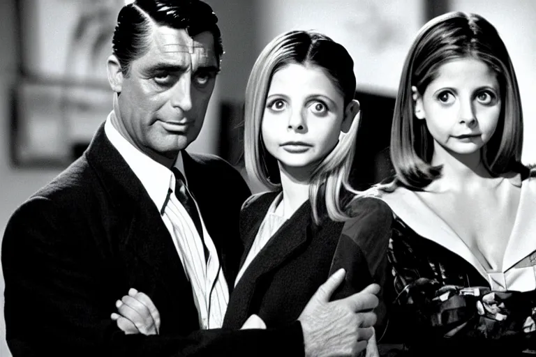 Prompt: cary grant as giles in buffy the vampire slayer, along side sarah michelle gellar 1 9 9 8