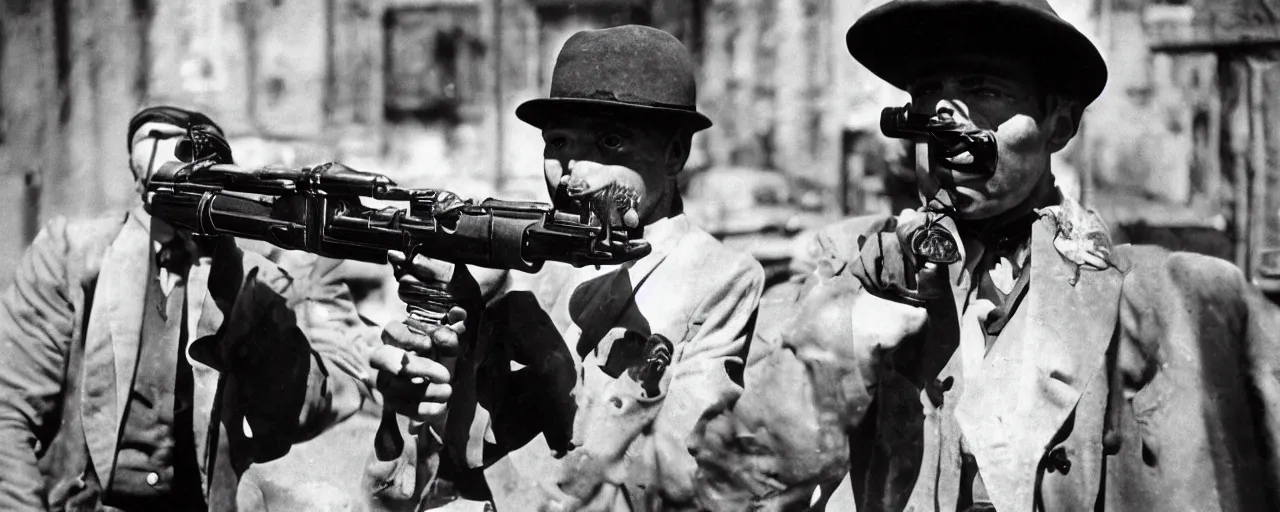 Image similar to 1 9 2 0's gangster shooting with a tommy gun made of spaghetti, canon 5 0 mm, high detailed face, facial expression, cinematic lighting, photography, retro, film, kodachrome