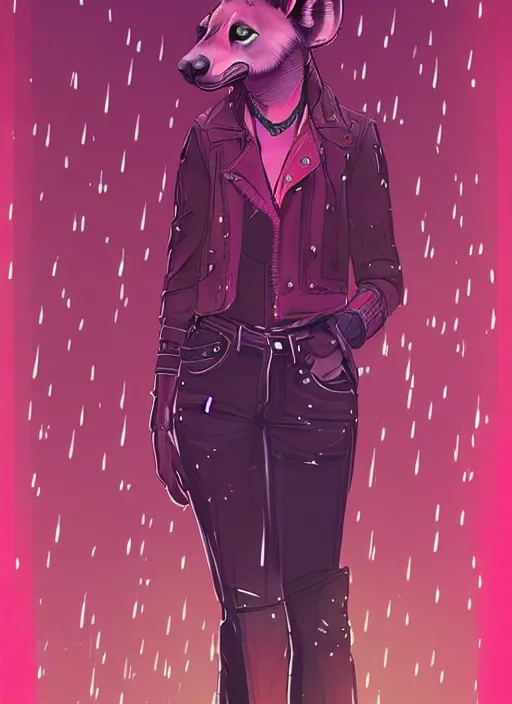 Prompt: beautiful hyena fursona portrait commission of a female anthropomorphic hyena fursona wearing 1 9 8 0 s stylish clothes. city at night in the rain. neon light. atmospheric. character design by charlie bowater, detailed, inked, western comic book art