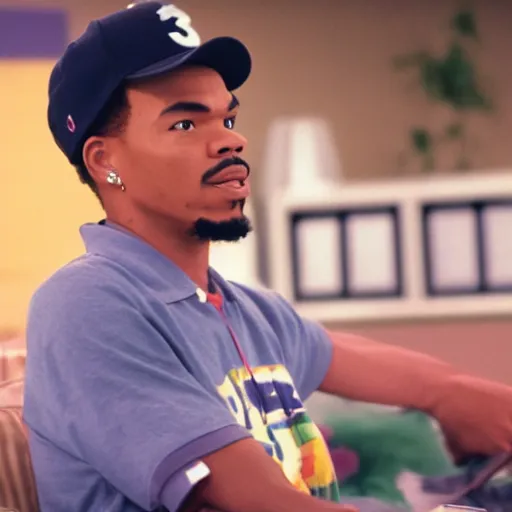 Image similar to a tv still of Chance The Rapper starring as a college student in a 1989 black sitcom, 40mm lens