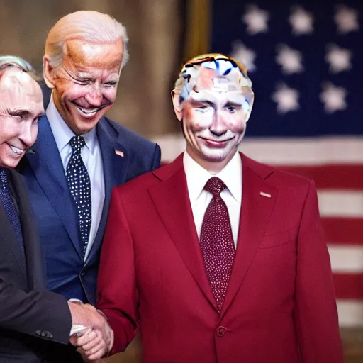 Image similar to clowns joe biden and jokers vladimir putin smiling wildly nuclear weapons in the background