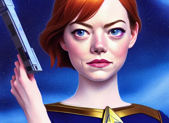 Image similar to a disney film still of emma stone as a star trek officer, finely detailed features, closeup of the face, perfect art, dusk, blue hour, gapmoe yandere grimdark, trending on pixiv fanbox, painted by greg rutkowski, makoto shinkai, takashi takeuchi, alphonse mucha, akihiko yoshida