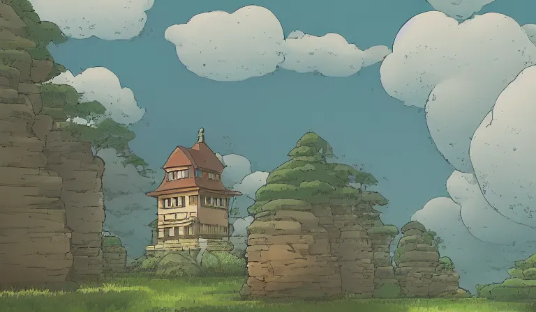 Prompt: A serene landscape with a singular building in the style of Studio Ghibli.