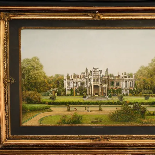 Image similar to landscape photograph of a large victorian palace with gardens. Detailed