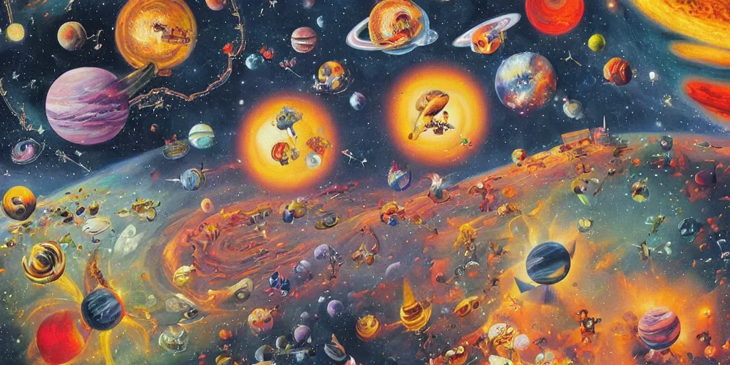 Prompt: a beautiful painting of an elaborate space scene painted by bosch and lisa frank, detailed