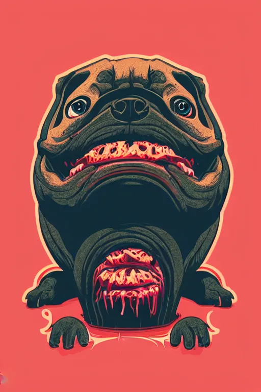 Image similar to demon pug eating flesh. art by mike winkelmann, sticker, colorful, illustration, highly detailed, simple, smooth and clean vector curves, no jagged lines, vector art, smooth