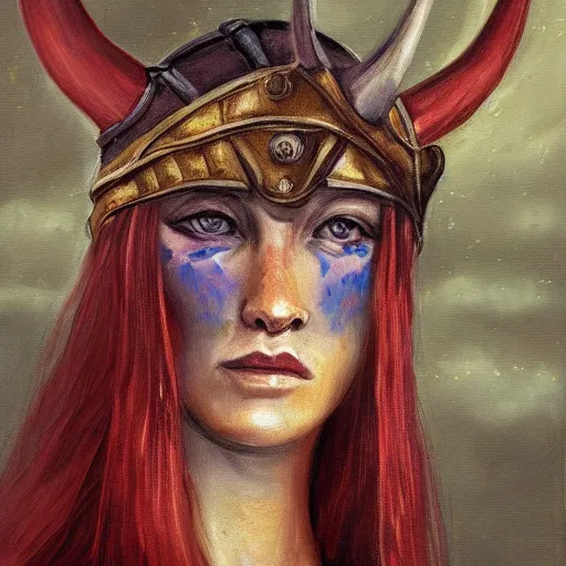 Prompt: a viking goddess who goes to war to recover her throne, in an oil painting style