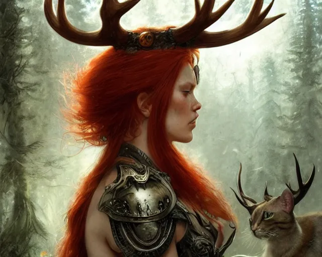 Image similar to 5 5 mm portrait photo of an armored gorgeous aesthetic redhead woman warrior with a face tattoo and antlers growing from her head and cat on her shoulder, in a magical forest. art by greg rutkowski and luis royo. highly detailed 8 k. intricate. lifelike. soft light. nikon d 8 5 0.