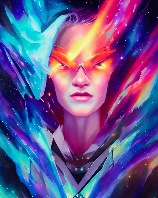 Image similar to synthwave ice fire portrait, shattering galaxy geometric watercolor art by peter mohrbacher and artgerm