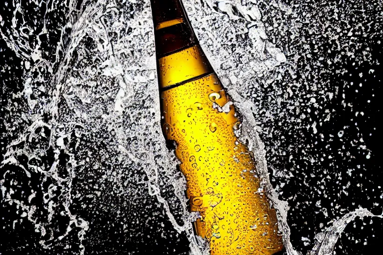 Image similar to a high detail photo of a bottle of beer, splashes of liquid, energetic, delicate by marcel christ