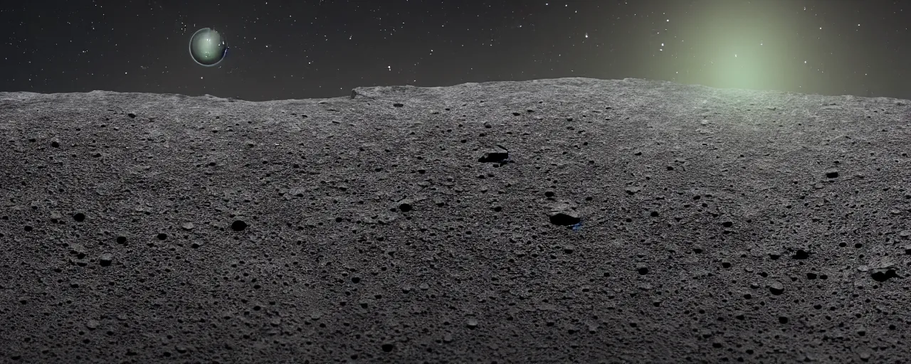 Image similar to ” small asteroid with craters seen from a far against a black space backdrop, [ cinematic, detailed, epic, widescreen, opening, establishing, mattepainting, photorealistic, realistic textures, octane render ] ”