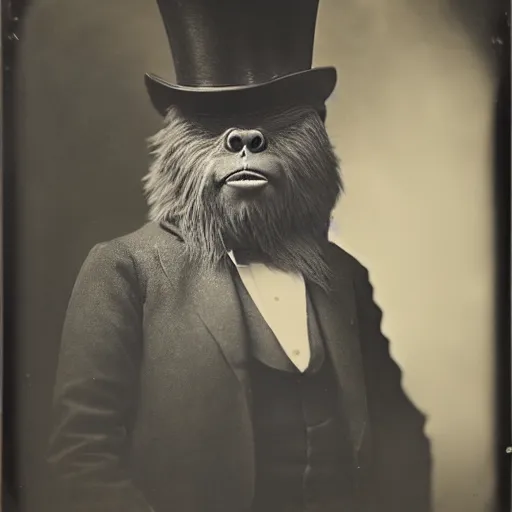 Image similar to a vintage wet plate portrait of a dignified bigfoot with a top hat and cane, extremely detailed, by george hurrell!!!!!!!!!!!!!!!!!!