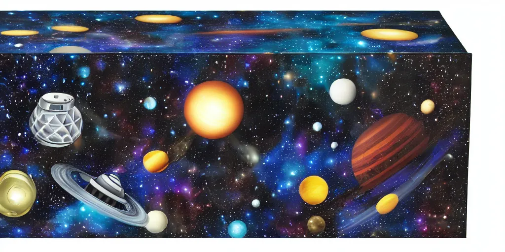 Image similar to box is bigger on the inside. background outer space. detailed. photorealistic