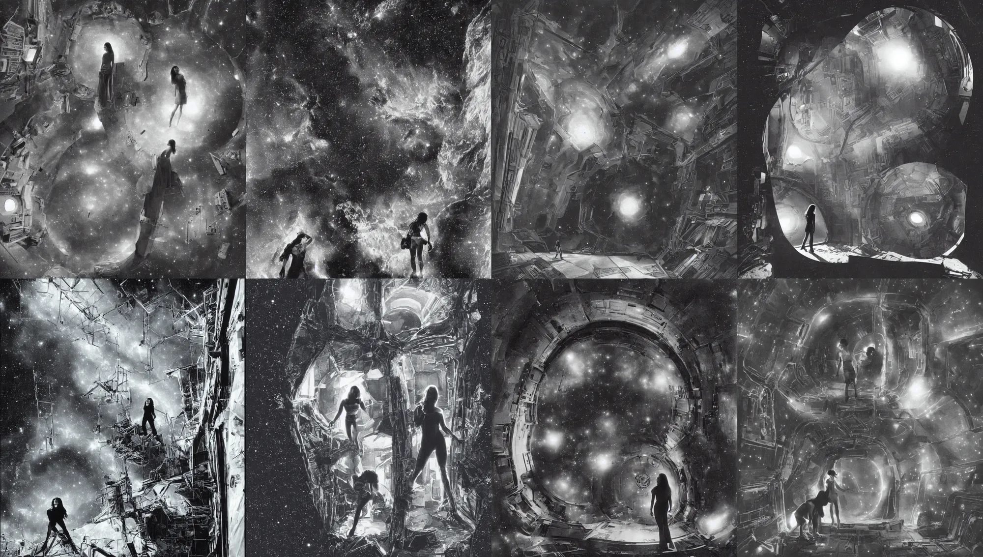 Image similar to portrait of Mila Kunis exploring an eerie derelict space station, nebula through window, 1980s, Ludek Pesek, Rick Guidice, Chesley Bonestell, Lucien Rudaux, Rolf Klep, Fred Freeman, George Pal