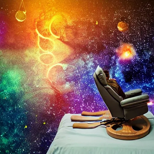 Image similar to recliner chair floating in space, acupuncture treatment, a person receiving acupuncture, galactic background, dreamy, dramatic lighting, universe scale