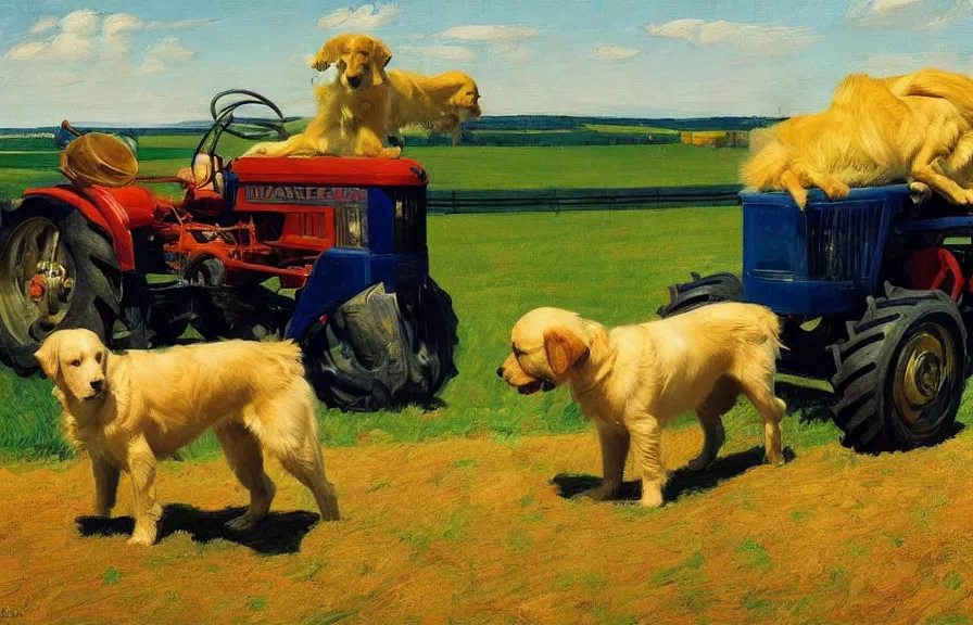 Image similar to a golden retriever driving a tractor, american realism style, edward hopper, george bellows, bo bartlett, jamie wyeth