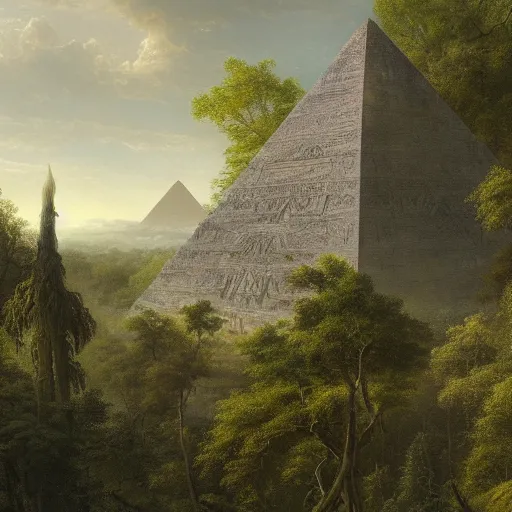 Prompt: a beautiful and highly detailed matte painting of an ancient pyramid in a lush forest, intricate details, epic scale, insanely complex, 8 k, sharp focus, hyperrealism, by caspar friedrich,