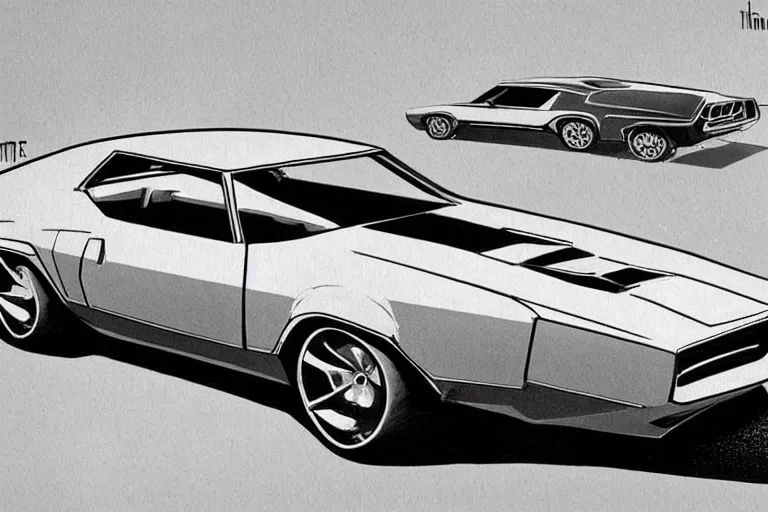 Image similar to Concept art of a retrofuturistic 1970s muscle car.