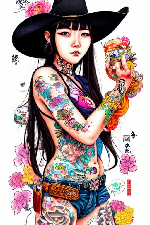 Prompt: full view of cowboy girl from taiwan with tattoos, wearing a cowboy hat, style of yoshii chie and hikari shimoda and martine johanna, highly detailed